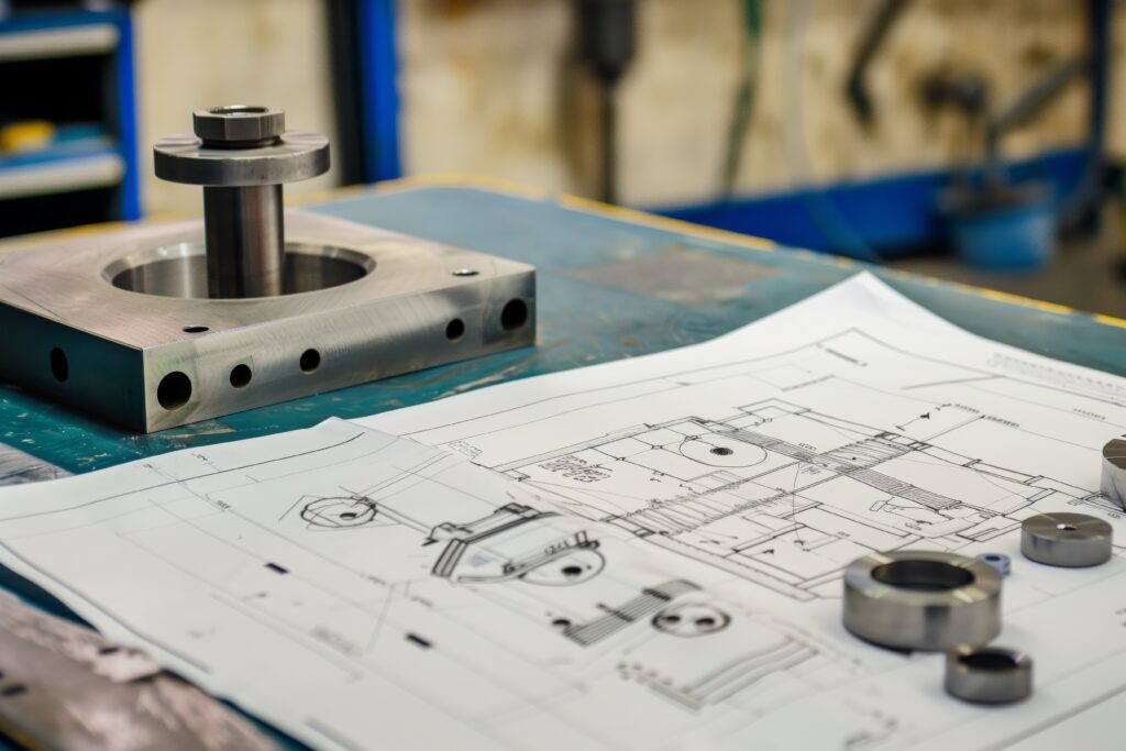 Close-up of metal parts and blueprints on a workbench in a mechanical engineering workshop, highlighting industrial design and manufacturing process.
